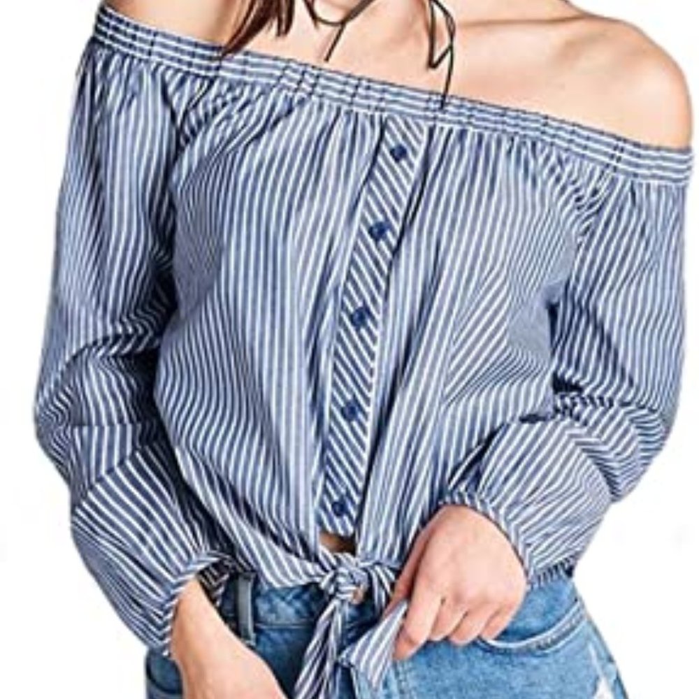 Off the Shoulder Blue Striped Crop Button Down Top